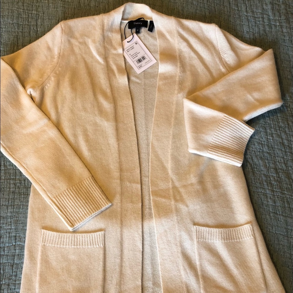 Theory cashmere open belted creme cardigan